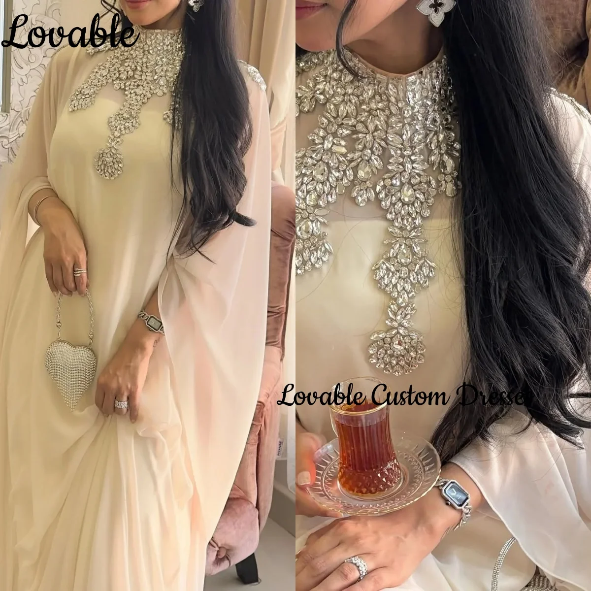 

فساتين سهرة Column Scoop Neckline Prom Dress Chiffon Formal Occasion Dresses Beadings Floor-Length Long Sleeves Dresses For Spec