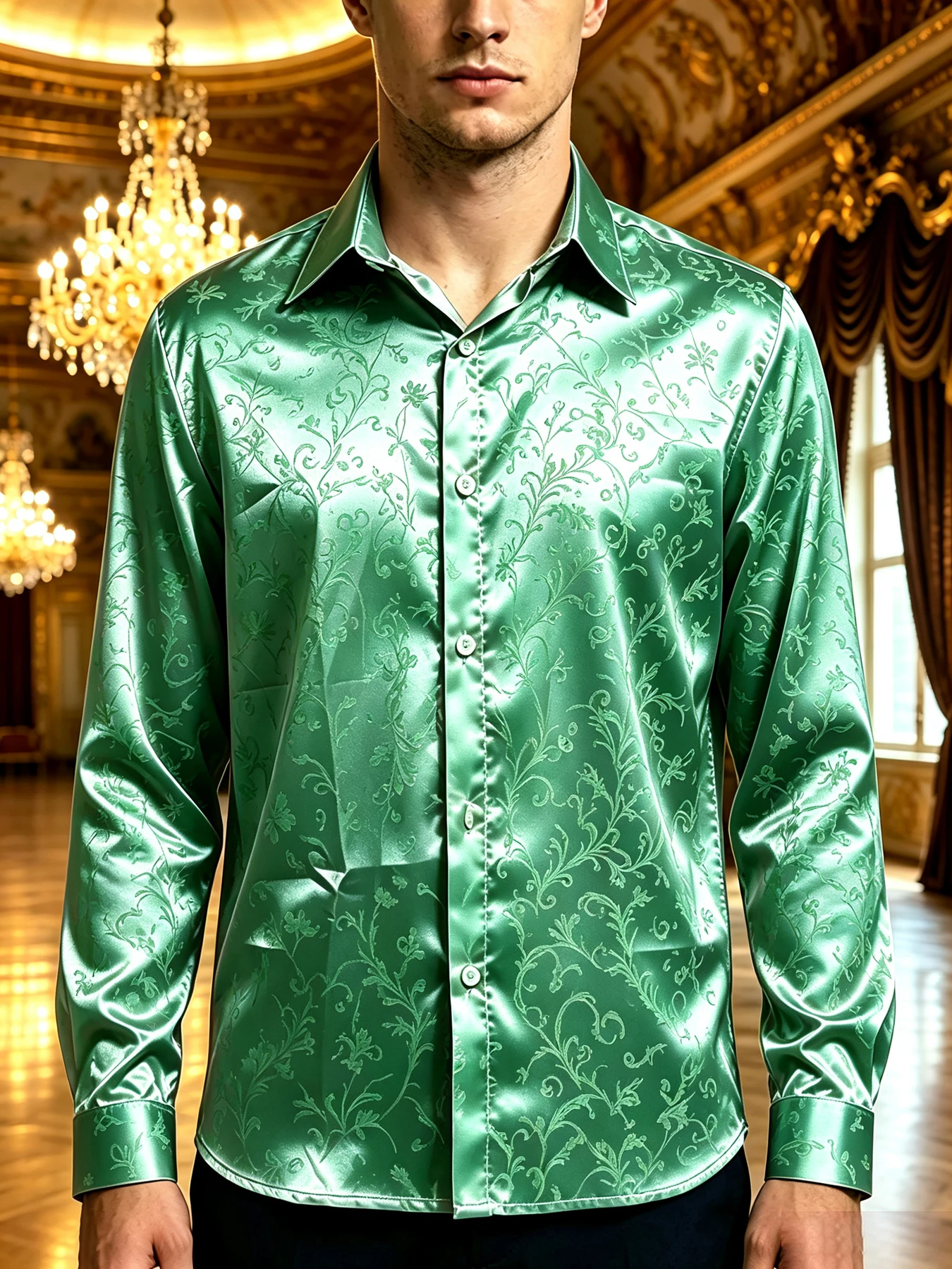 2026 Men's Light Luxury Satin Textured Polyester Fiber Long Sleeve Shirt Brightly Colored Printed Shirt Party Wedding Dress Men