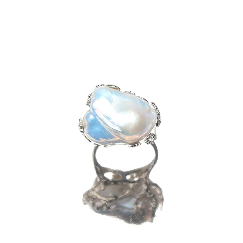 100%Natural Freshwater Baroque Ring Cold White Warm Light Transparent Colorful Irregular Pearl Men\'s and Women\'s Adjustable Ring
