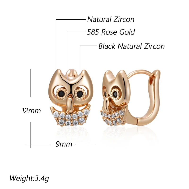 Wbmqda Cute Owl Girl Woman Earrings 585 Rose Gold Color With Natural Zircon Best Animal Gift Jewelry For Kids