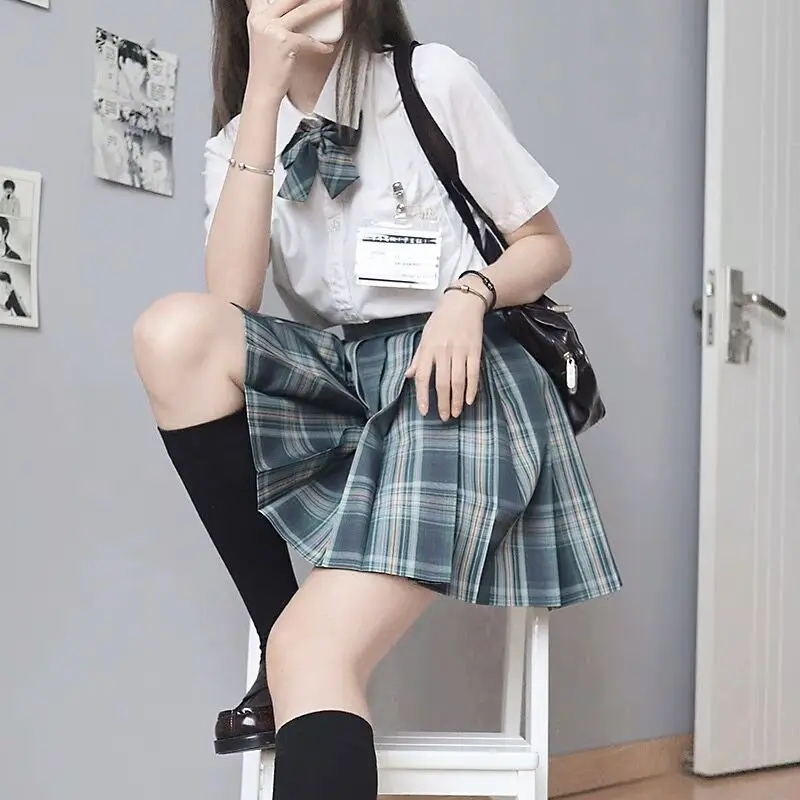 Anime School Uniform Japanese Style for Girl Sailor Fuku Student Short Sleeve Green Seifuku Pleated Skirt Set Sexy JK Uniform