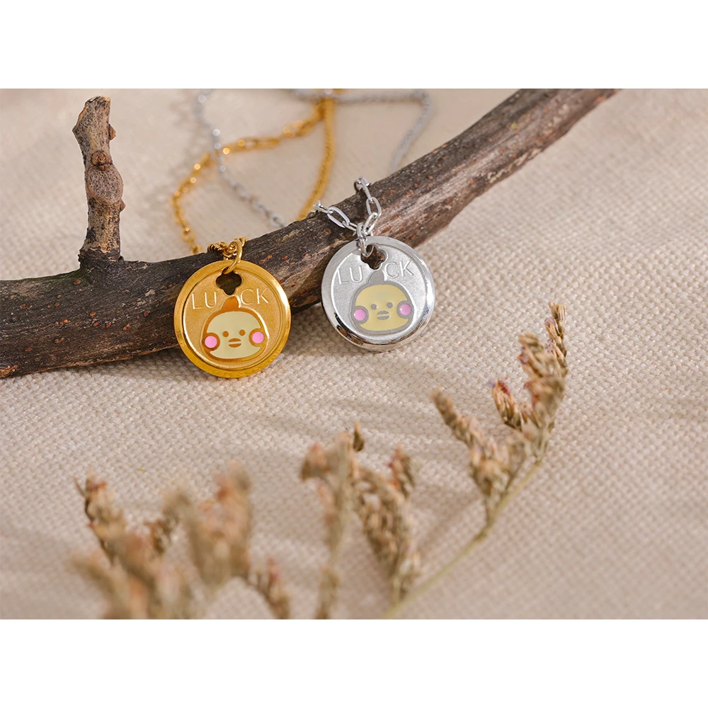 Yhpup Cute Enamel Yellow Duck Round Pendant Stainless Steel Chic Necklace Women Stylish Charm Korean Waterproof Luck Jewelry