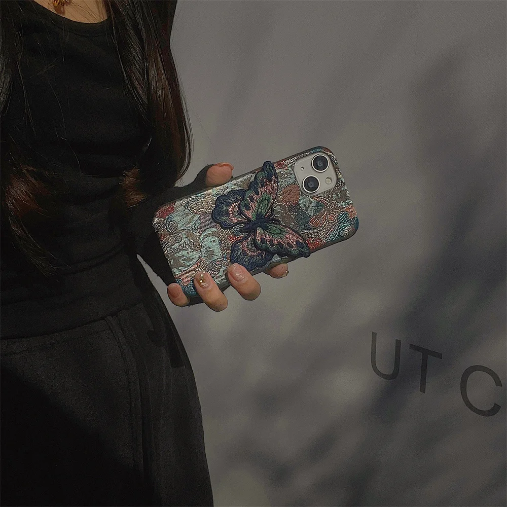 Fabric Butterfly Phone Case for Women Luxury Retro Cloth, Protective Cover Cute Cases for iPhone 15 14 13 12 Pro Max 11 Winter