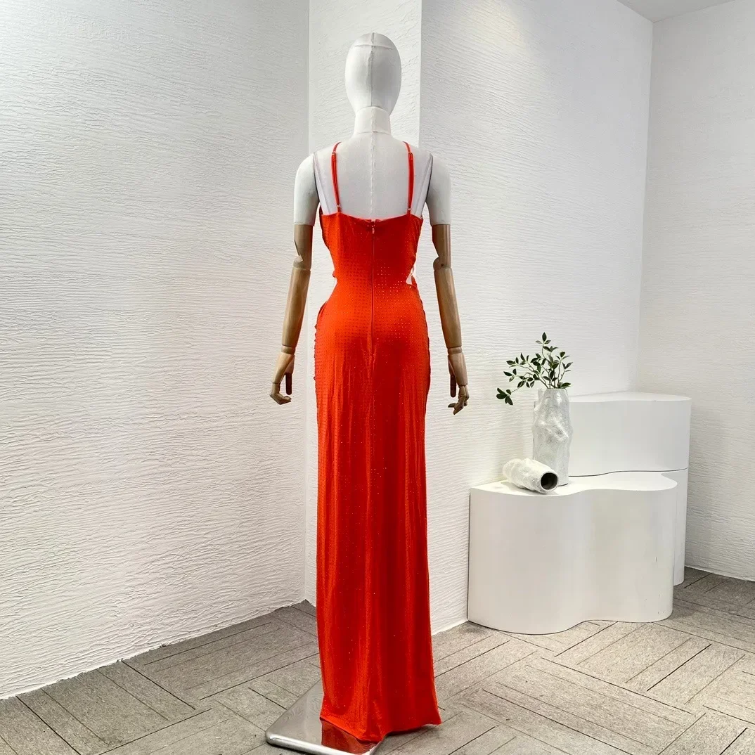 2025 Summer Orange Diamonds Pressed Halter Cot Out Waist Ruched Maxi Dress