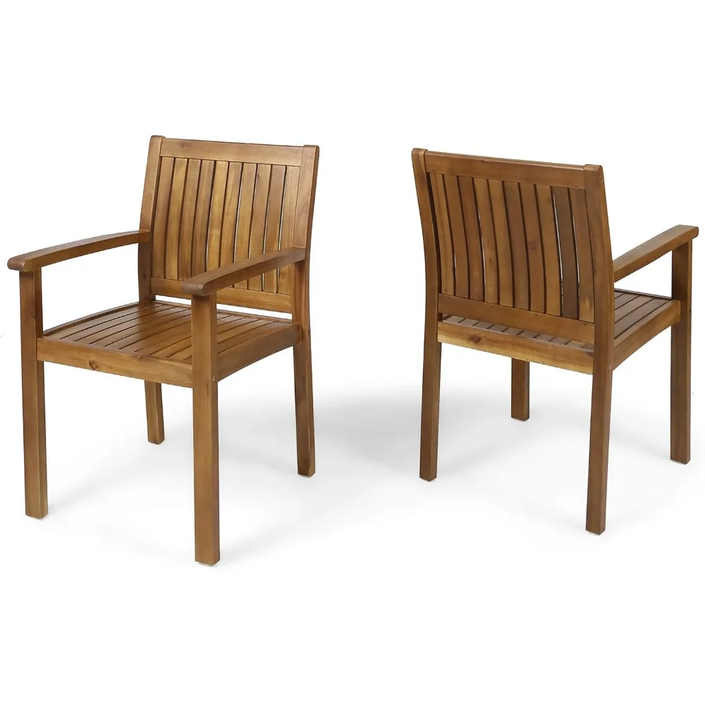 Outdoor Acacia Wood Dining Chairs Set of Two with Teak Finish for Patio Garden