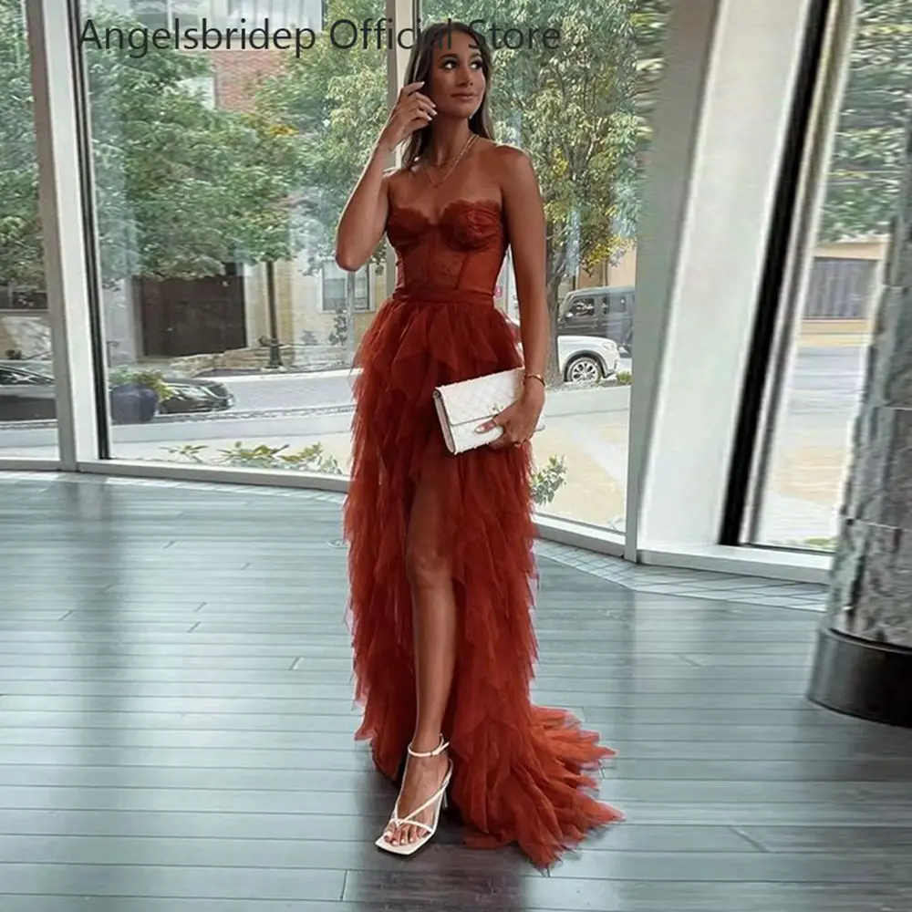 

Angelsbridep Sweetheart Tulle Brown Evening Dresses Lace Ruffles Leg Slit Prom Dress Formal Celebrity Prom Gowns Party Dresses