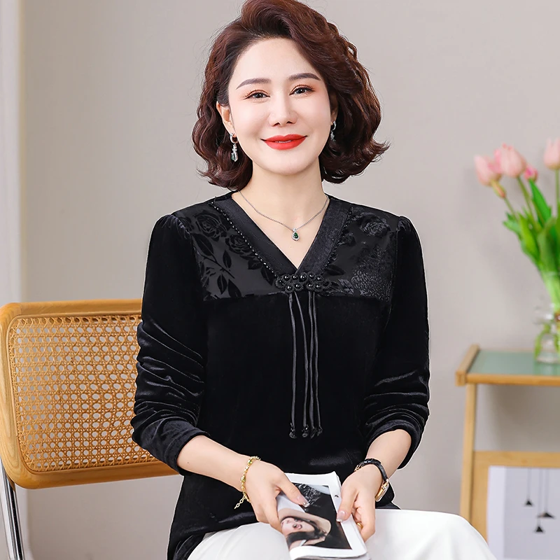 Women Vintage V-Neck Shirt Commuter Spring Autumn All-match Fashion Long Sleeve Solid Color t-shirt  for Female