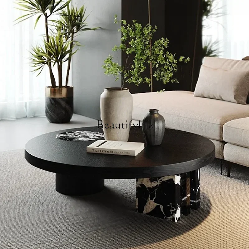 

13Italian black round coffee table modern simple light luxury marble rock slab coffee table