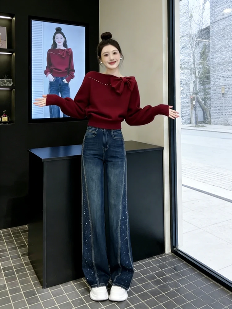 

Faionable Anti-Aging Wine Red Bow Knot Knitted Sweater High Waist Wide Leg Jeans Set Women's Spring Slimming Two-Piece Suit