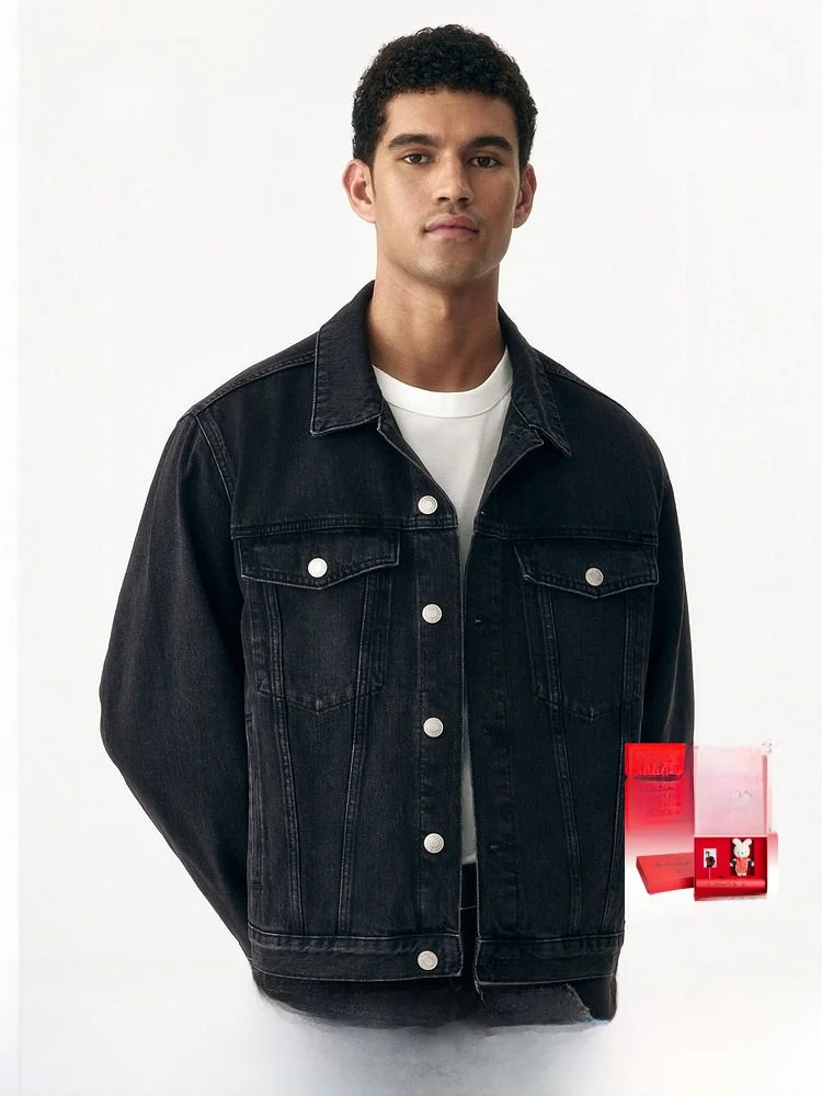 

H&M Men's Loose Fit Denim Jaet Spring Turn-down Collar Couple's American Single Button Jaet Casual Regular Length