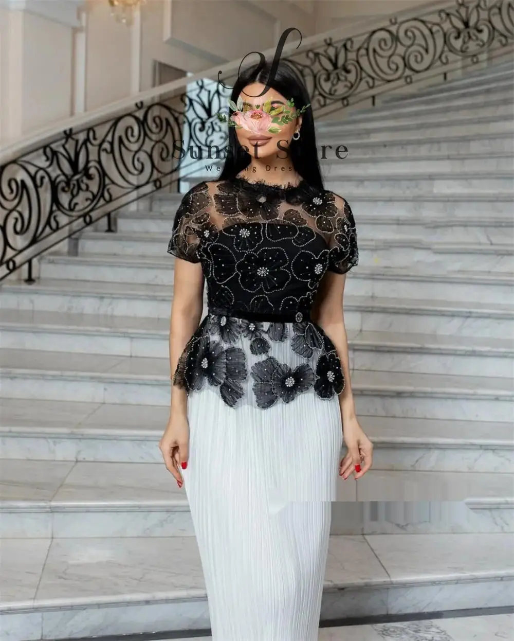Customized Casual Chiffon Pleat Applique Straight O-Neck Midi Dresses Bespoke Occasion Fashion Chinese Style