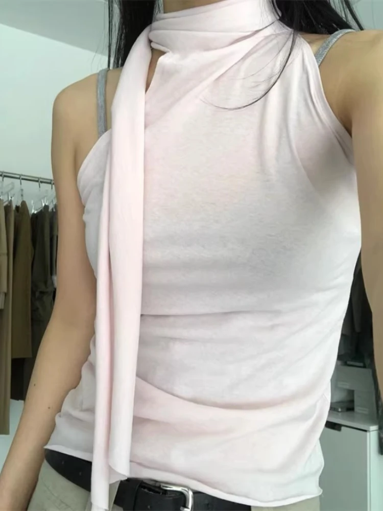 Korean Fashion Stand Collar Lace Up Tank Top Y2k E-Girl Slim Fit Sleeveless Tops 2024 Summer New Bottoming Vest for Women