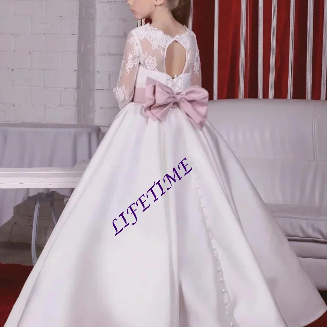 

CustomizedElegant Sartin Lace Backless 3/4 Sleeve With Bow Flower Girl Dress For Wedding Kids Birthday Party First Communion Bal