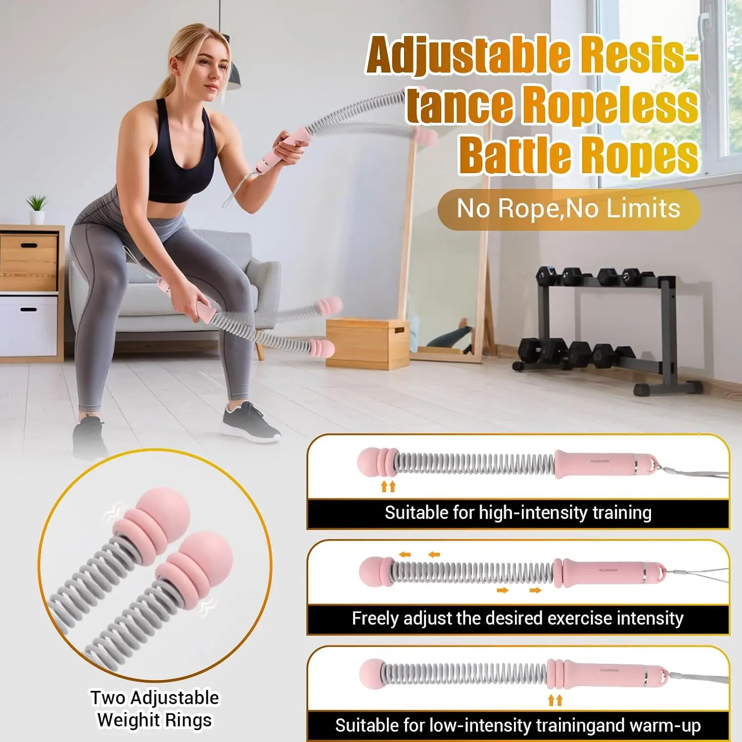Portable Ropeless Battle Ropes, Adjustable Weights Cordless Battle Ropes for Home Gym with Storage Bag, Weighted Exercise Equipment for Low-Impact Workout, Strength & HIIT, for Men & Women (Pink)