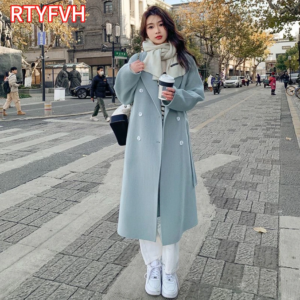 

Blue Double Face Cashmere Coat Women's Spring and Autumn 2024 New Korean Loose Medium Length Hepburn Woolen Coat