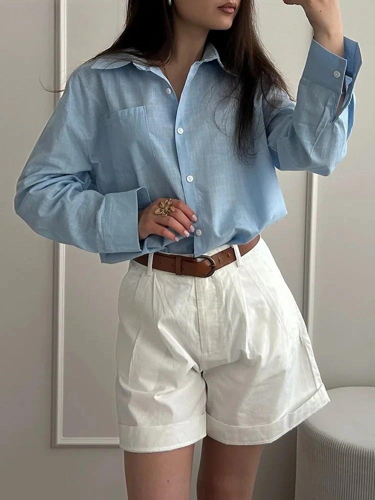 

Long Sleeve Summer Basic White Office Women Shirts Blue Oversize Women Cotton Linen Shirts Loose Top For Woman Linen Blouses