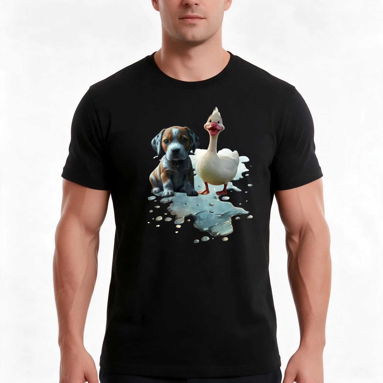 A sad dog and a cheerful duckling in a puddle of water T-Shirt, Summer Casual Cotton Tee, Oversized Streetwear Tops, 100% Cotton
