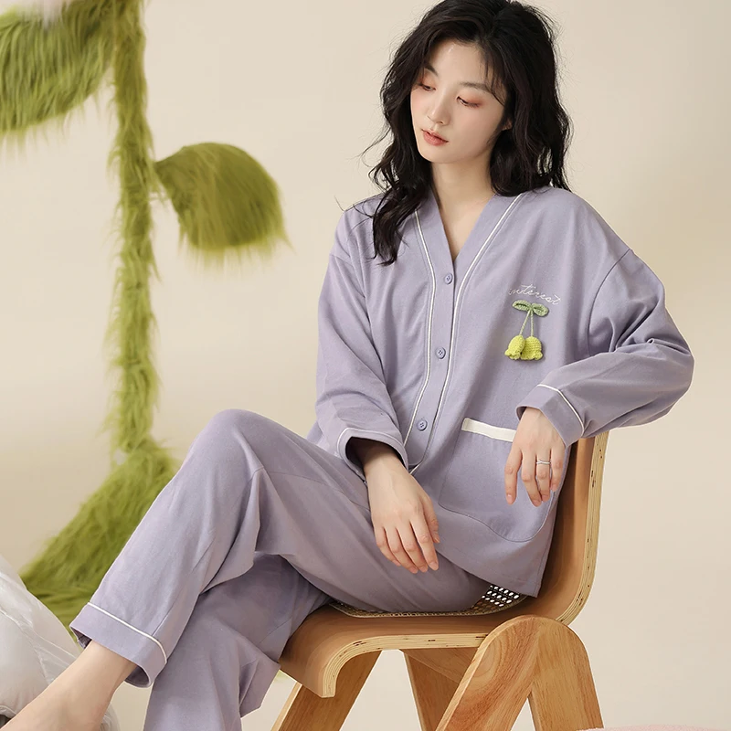 Spring and Autumn Cotton Women's Cardigan Pajamas V-neck Long Sleeve Pants Women's Autumn Home Furnishing Casual All Cotton Set