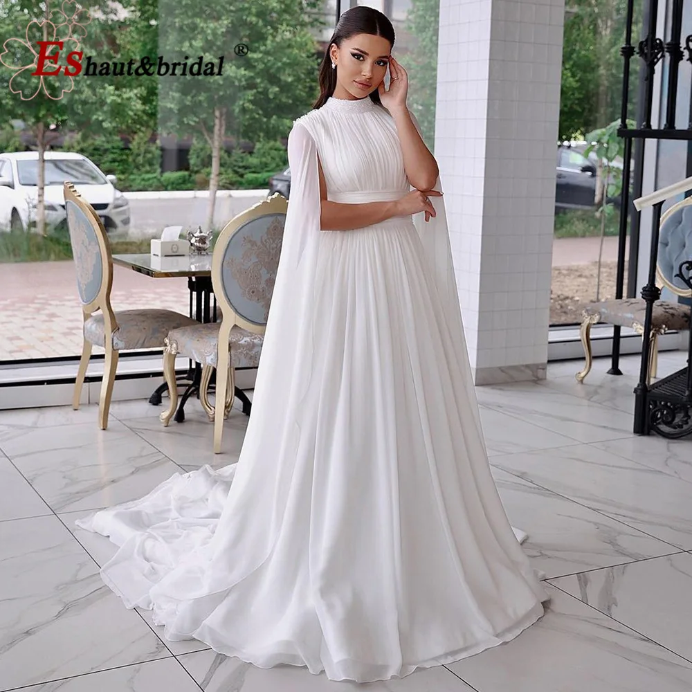 Elegant Muslim Evening Dress for Women 2024 High Neck Chiffon Crystal Cape Sleeves Formal Prom Wedding Party Gown Customized