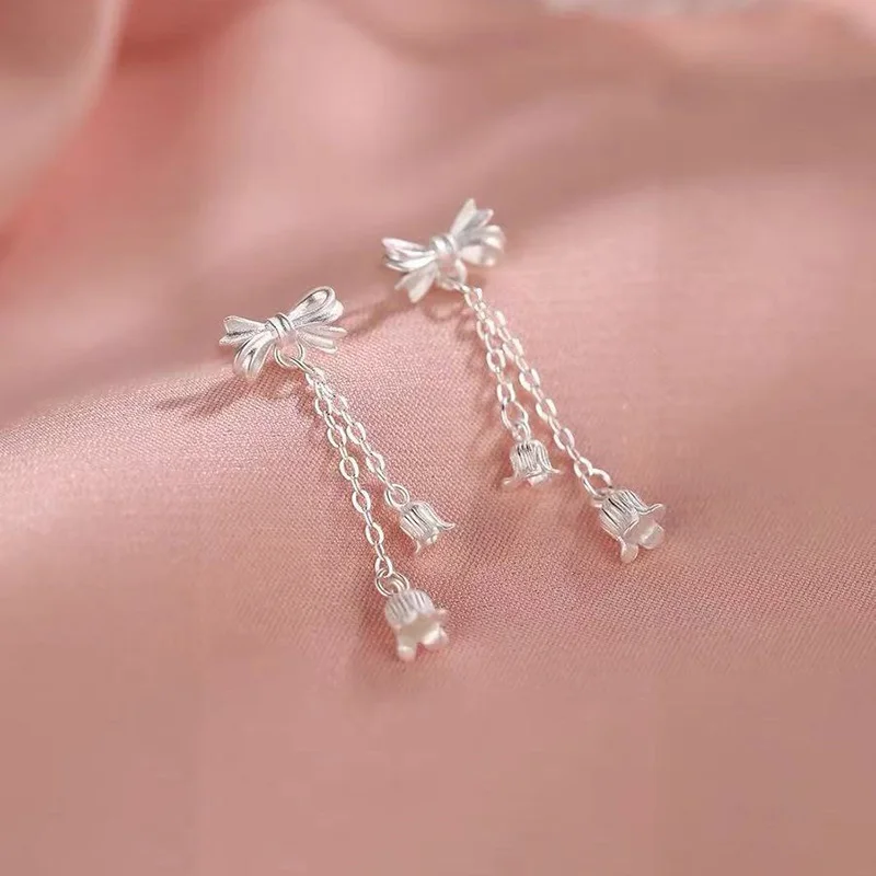

Real 925 Sterling Silver Bowknot Flower Tassel Plant Stud Earrings For Women Party Classic Fine Jewelry Light Luxury Accessories