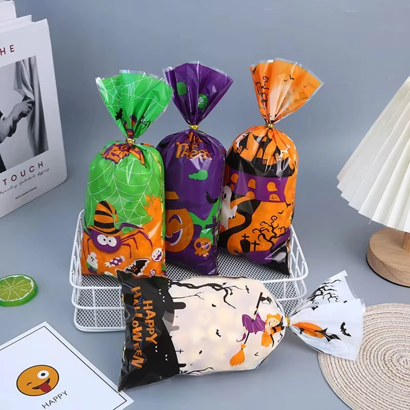 50/100 Stück Halloween-Geschenktüten, Halloween-Süßigkeitentüten, Plastik-Cellophan-Kekstüten, Geschenktüten mit 50/100 Stück Bändern, Geschenkverpackungstüten – Detail 5
