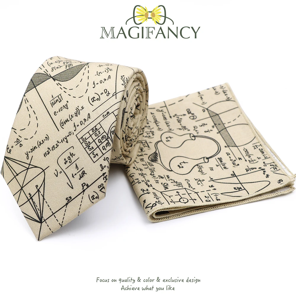 Cotton 8cm Tie Hankie Sets Math Science Astronomy Physical Chemistry Men College Academy Institute School Cosplay Gift Accessory