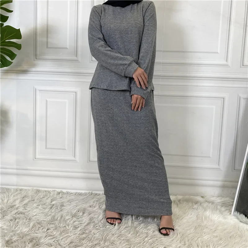 

Stylish Simple Turkey Malaysia Two Piece Dress Set Turtleneck Sweater Tops Skirt Suit Muslim Women Outfits Islamic Abaya Kaftan