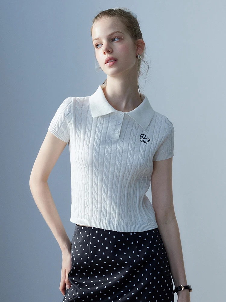 

EGGKA Вязаная футболка с вышивкой и утягивающей талией, женская модная приталенная трендовая блузка из полиэфирного волокна