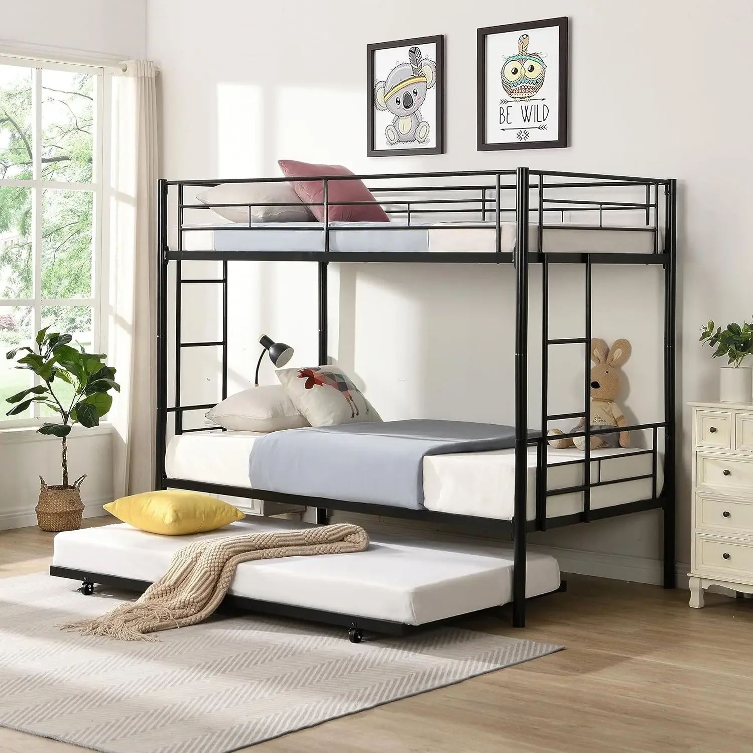 Twin Bunk Bed Frame with Trundle, Metal Bunk Bed Frame with Sturdy Guard Rail and 2 Ladders for Kids, Adults, No Box Spring Need