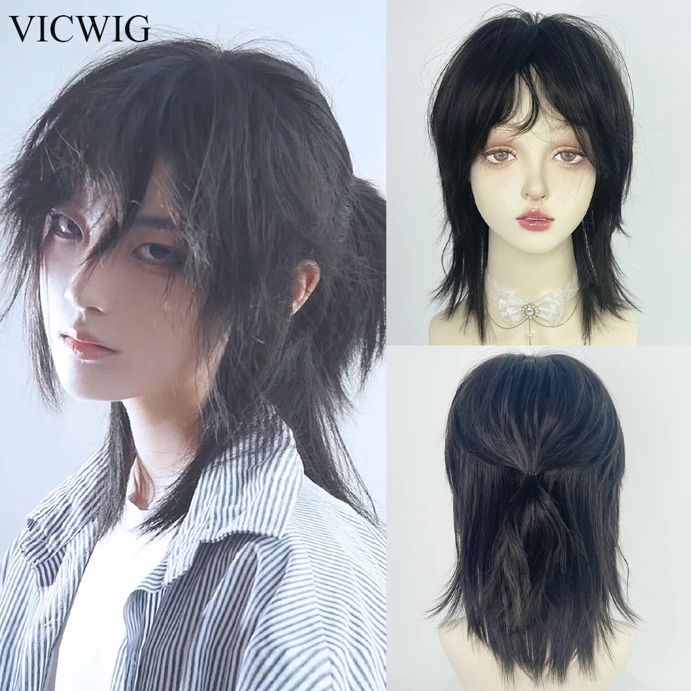 VICWIG Mullet Head Wig Short Synthetic Straight Black Fluffy Natural Wolf Tail Hair Peruka męska i damska na codzienną imprezę Cosplay