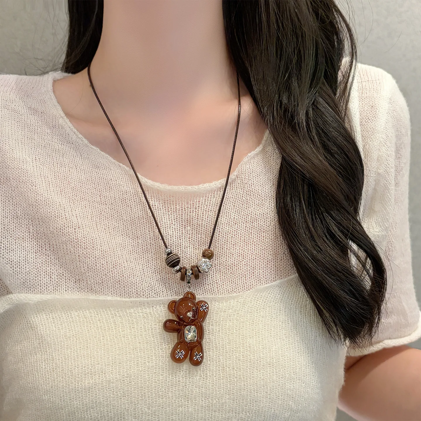 Y2K Transparent Gummy Bear Pendant Necklace for Women Adjustable Rope Chain Cute Cartoon Bear Long Neck Jewelry
