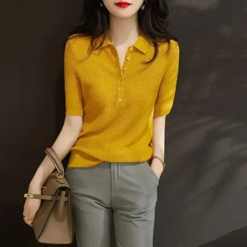 Polo Neck Shirt for Women Slim Knitted Plain Woman T Women\'s Clothing Trend 2024 Sales Youthful Elegant Luxury Casual Tops Youth