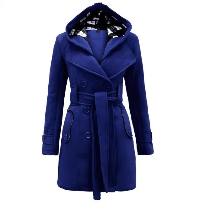 

Plaid-Pattern Coat Hooded Adjustable Double-Breasted Coat Full-Length Lined Thick Coat Women's Business Casual Overcoat