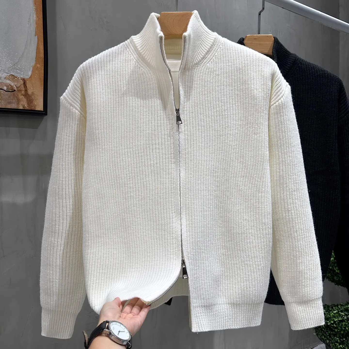 

Вязаный кардиган на молнии, мужской приталенный воротник-стойка, осень-зима (3) Sle, повседневная длинная верхняя одежда Sve irt
