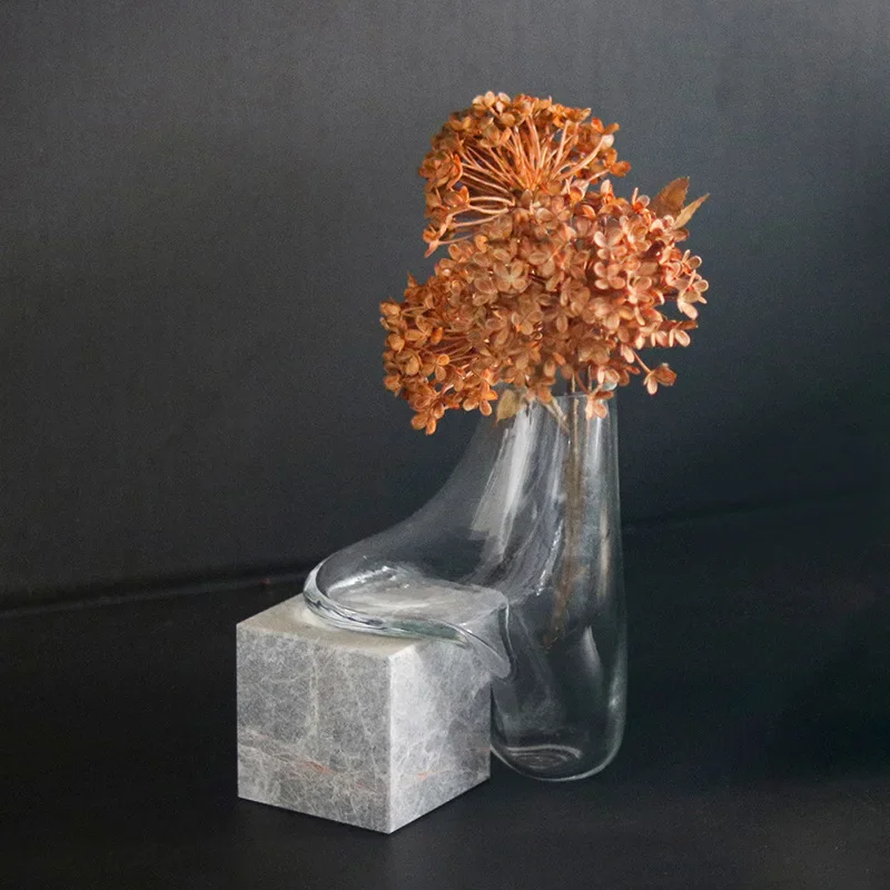 Vaso de vidro com base de mármore abstrato em movimento gotas de água transparente vaso de flores hidroponia terrário decoração para casa