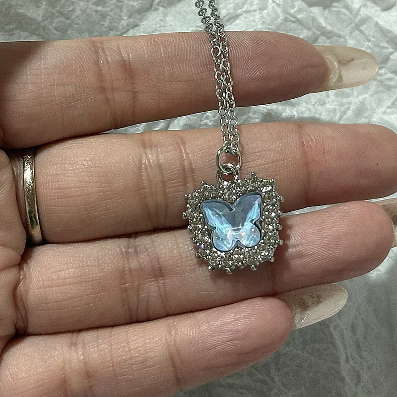 Simple Blue Crystal Pendant Stainless Steel Necklace for Women's Wedding and Birthday Gifts