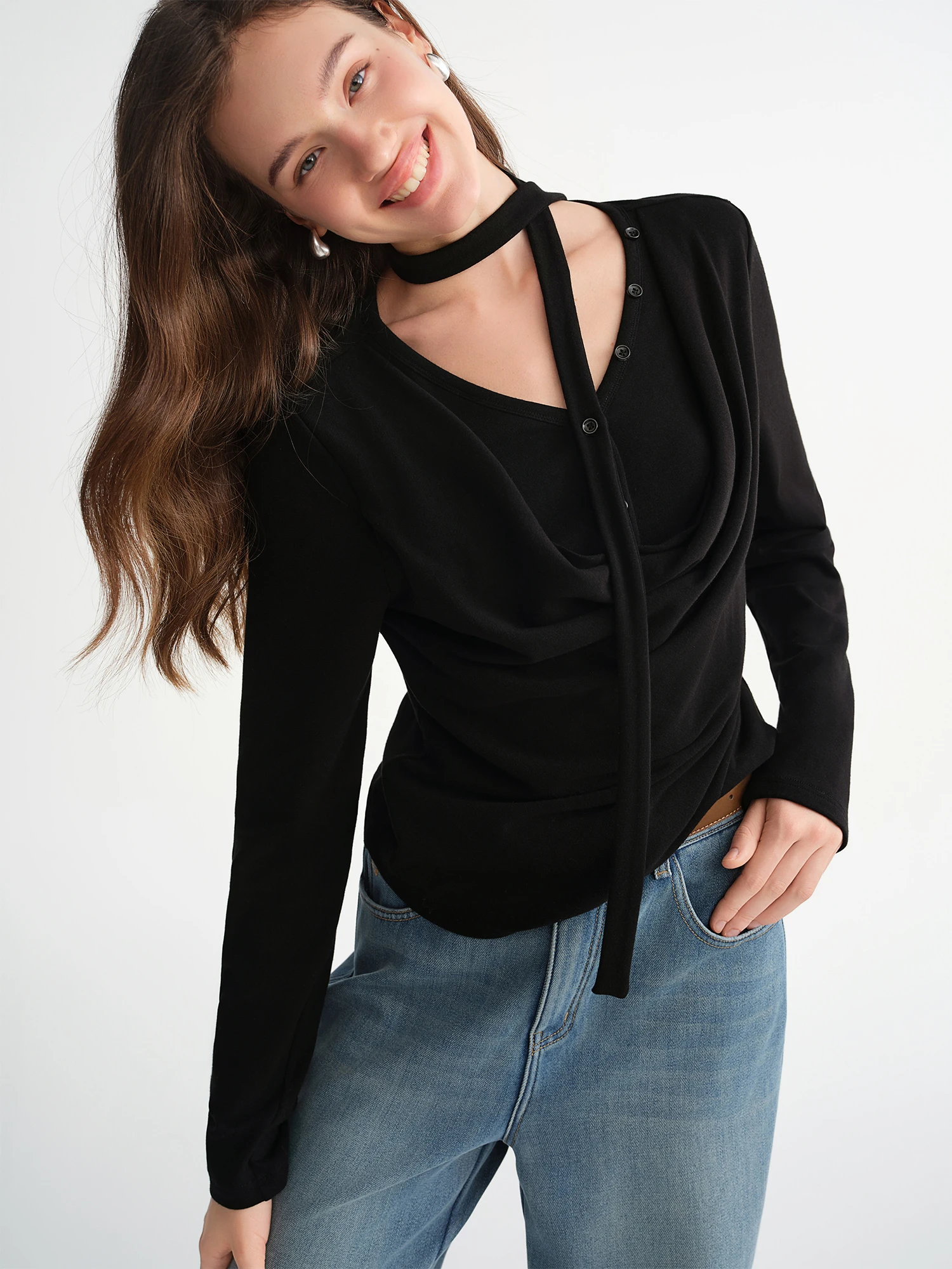 Plus-Size Layered Long-Sleeve T-Shirt with Floating Ribbon