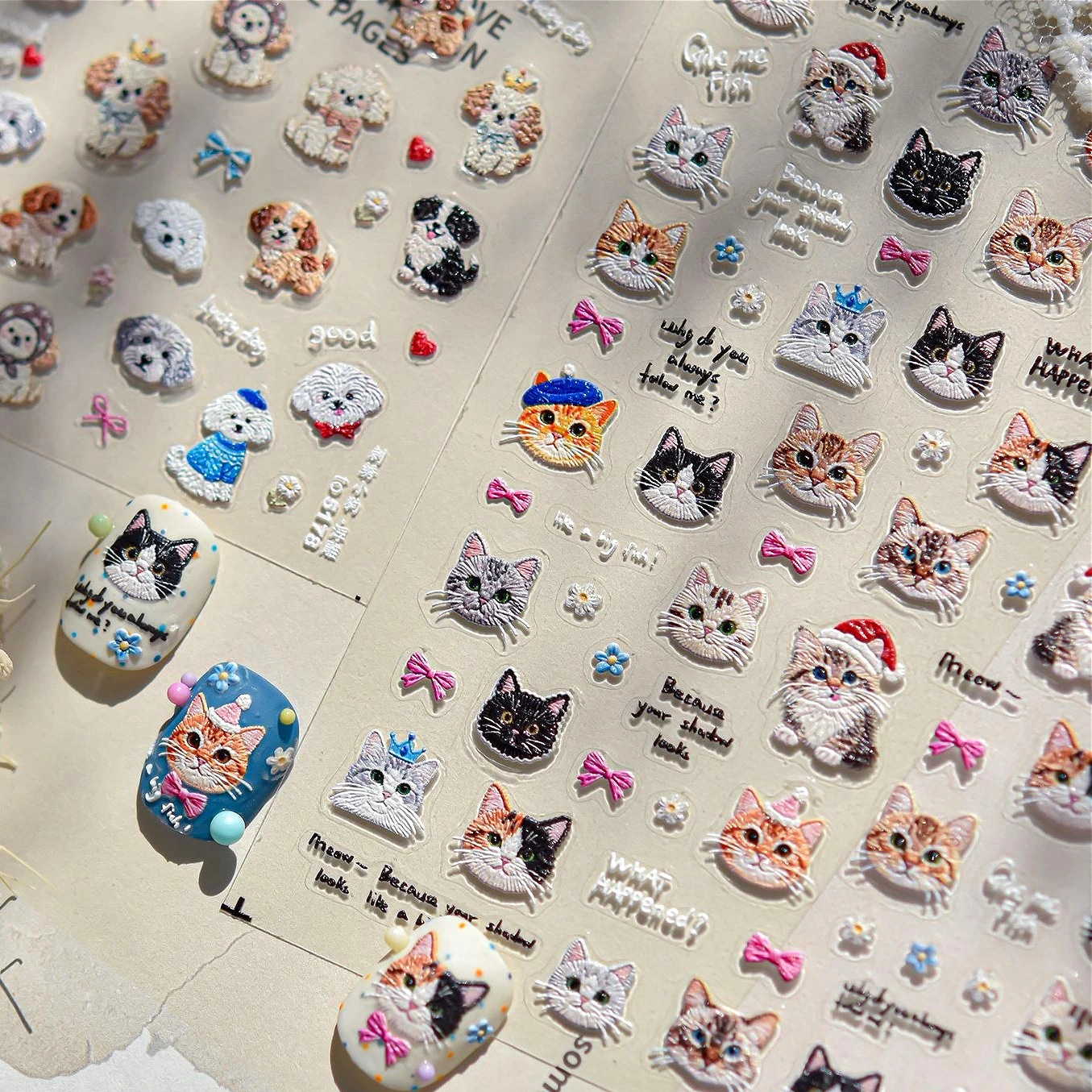 

Cute Cat Dog Bear Apple Shorthair Lovely Bichon Bowknot Bread Food Pomeranian Animals Embroidery Adhesive Nail Art Sticker Decal