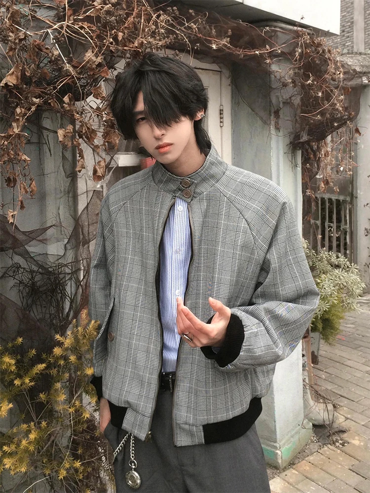 

Retro American Cleanfit Bla ort Jaet Men's Spring Autumn Plaid Double-sided Wear Design Sense Stand Collar Jaet