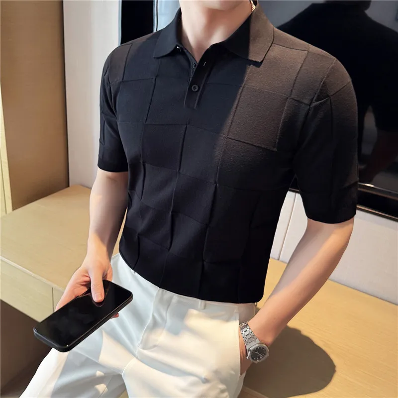 

Мужская трикотажная клетчатая однотонная базовая рубашка с коротким рукавом, новая мужская эластичная рубашка с коротким рукавом, универсальная