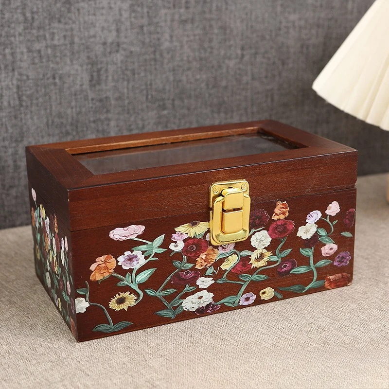Wooden Jewelry Box Bracelet Necklace Jewelry Storage Boxes Earrings Rings Accessory Organizer with Lock Transparent Cover Case