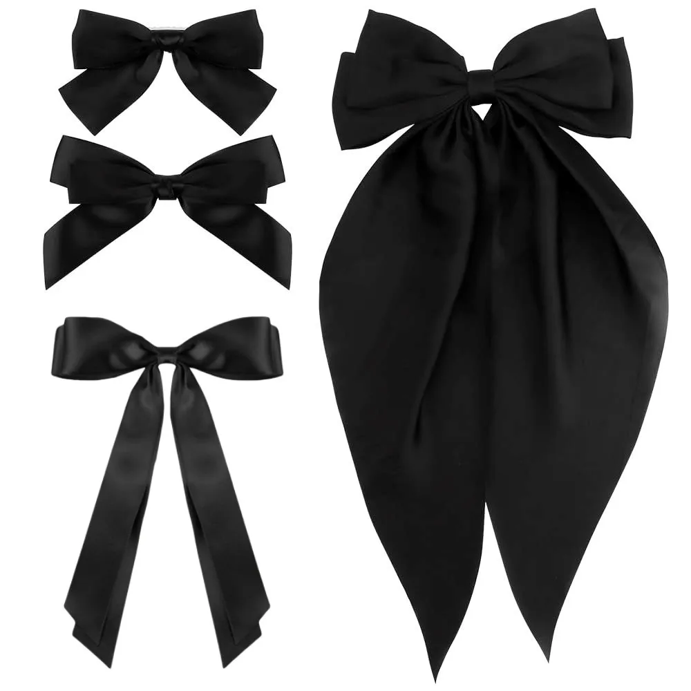 

4pc Big 8" Long Tails Satin Ribbon Bow Hair Clips White black Color Women Girls Bow Hairpins Barrettes for Kids Hair Accessories