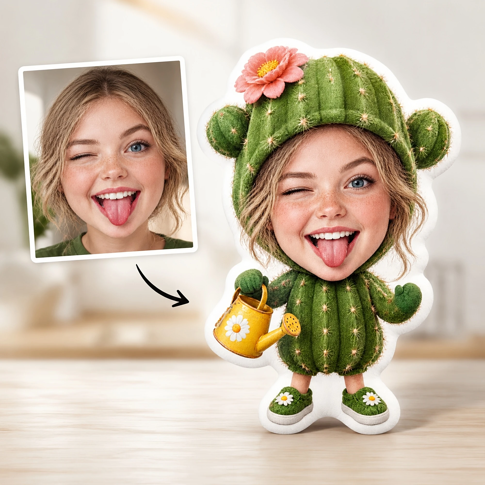 1pc [2D Flat] Custom Double Sided Printed Novelty Shaped Cushion Pillow, Fun Cactus Character Design for Sofa, Bed, Chair, or De