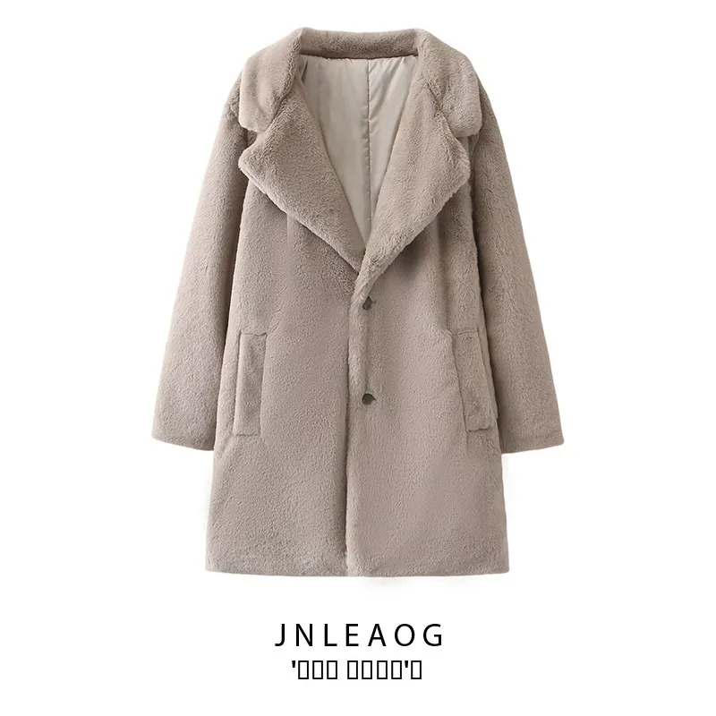 

Faionable Versatile Artificial Fur Effect Coat Jaet Women's Street Sle Loose Fit Long Sve Mid-Length Polyester