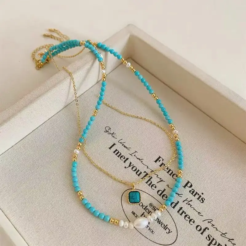 Elegante doppelschichtige geschichtete Nachahmung Türkis natürliche Perle Perlen Halskette trendigen Schmuck für Frauen Sexy Schlüsselbein Kette – Detail 5