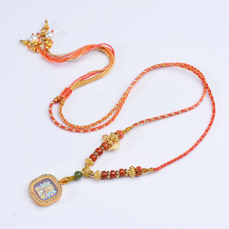 Fashionable Hand Drawn Three-dimensional Thangka Necklace Retro Square Brass Wiping Gawu Box Pendants Religious Amulet