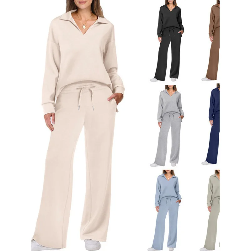 

Autumn and winter fashionable casual women's long sleeved drawstring solid color commuting pants set