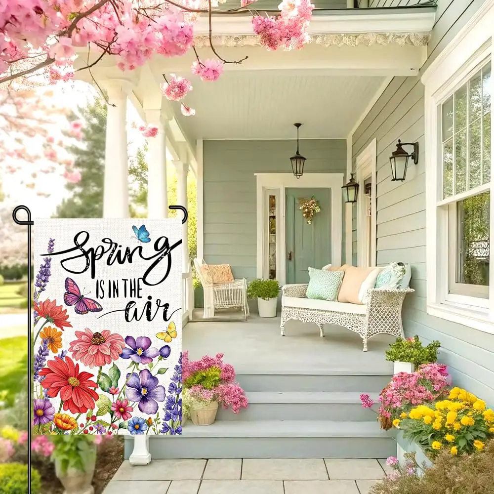 Spring Is In The Air Garden Flag 12x18 Inch, Colorful Wildflower & Butterfly Yard Flag, Double Sided Burlap Outdoor Spri AAS