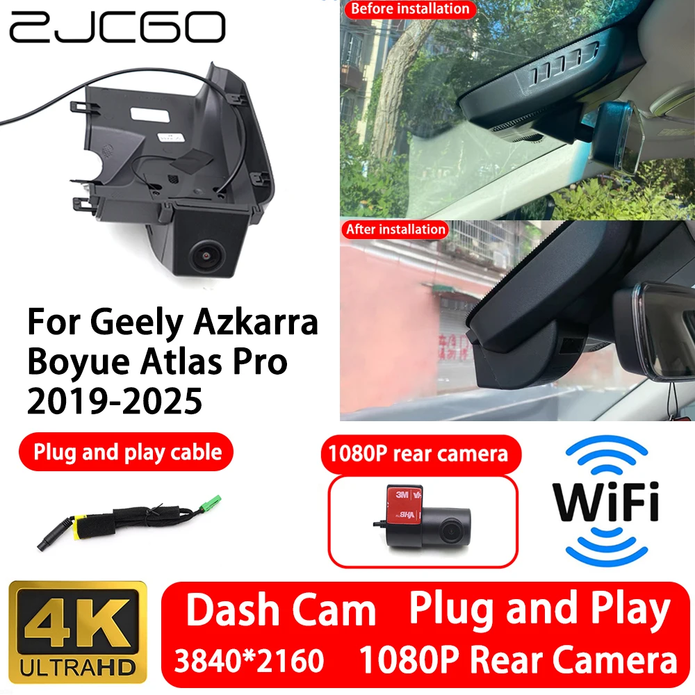 for Geely Azkarra Boyue Atlas Pro 2019-2025 4K 2160P Front Rear Camera Dash Cam Wifi Plug and Play Video Recorde Loop Recording