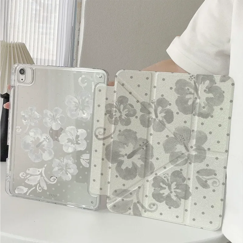 Grey Polka Dot Hibiscus Flower Niche Tablet Case For iPad Pro 13 11th A16 12.9
